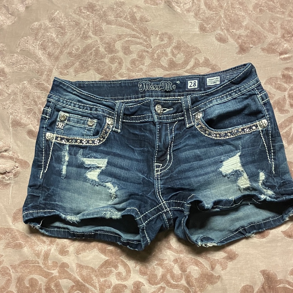 Miss Me Dark Blue Distressed & Embellished Denim Shorts